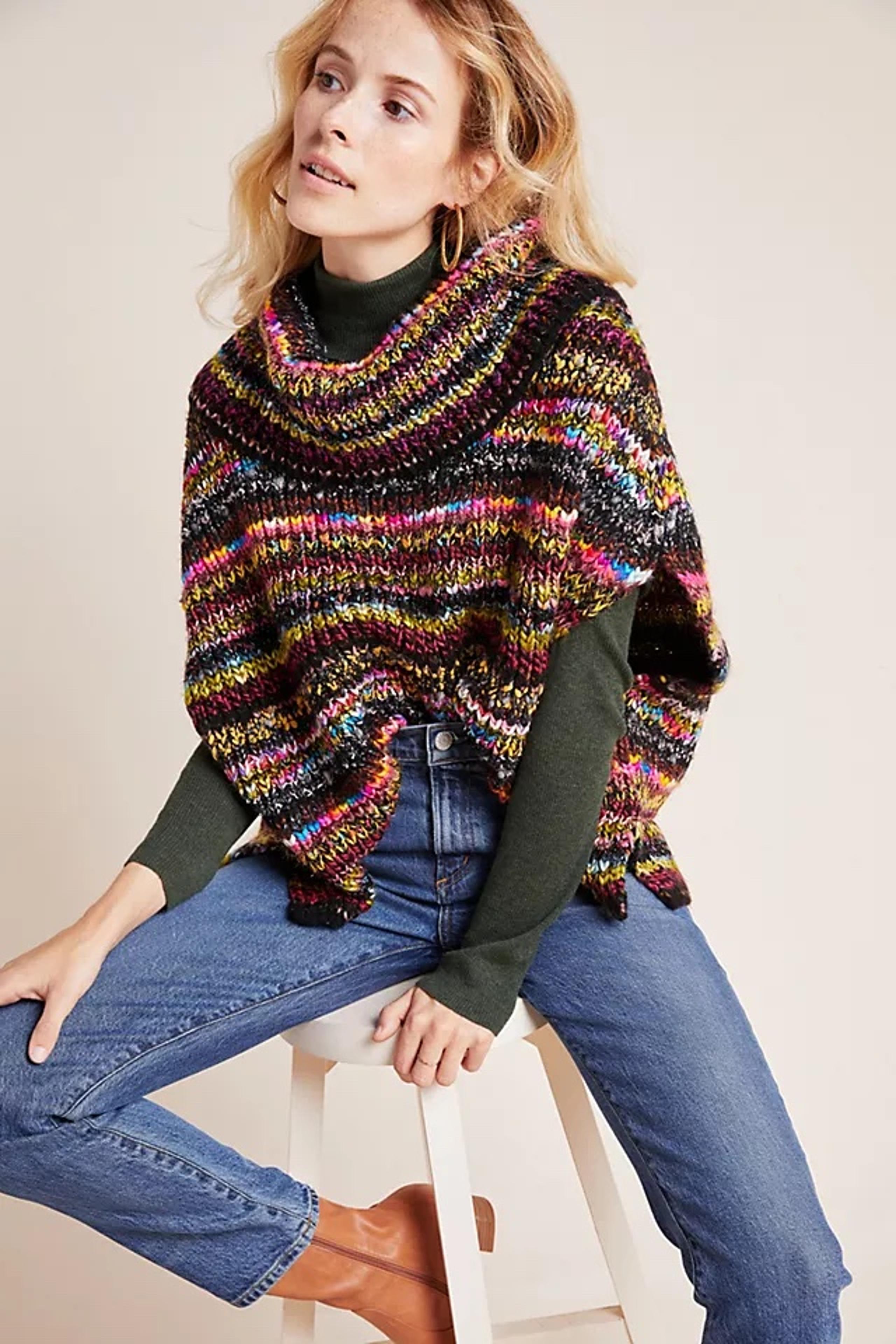 Anthropologie Piera Multicolor Knit Oversized Turtleneck Poncho Sweater XSP/SP