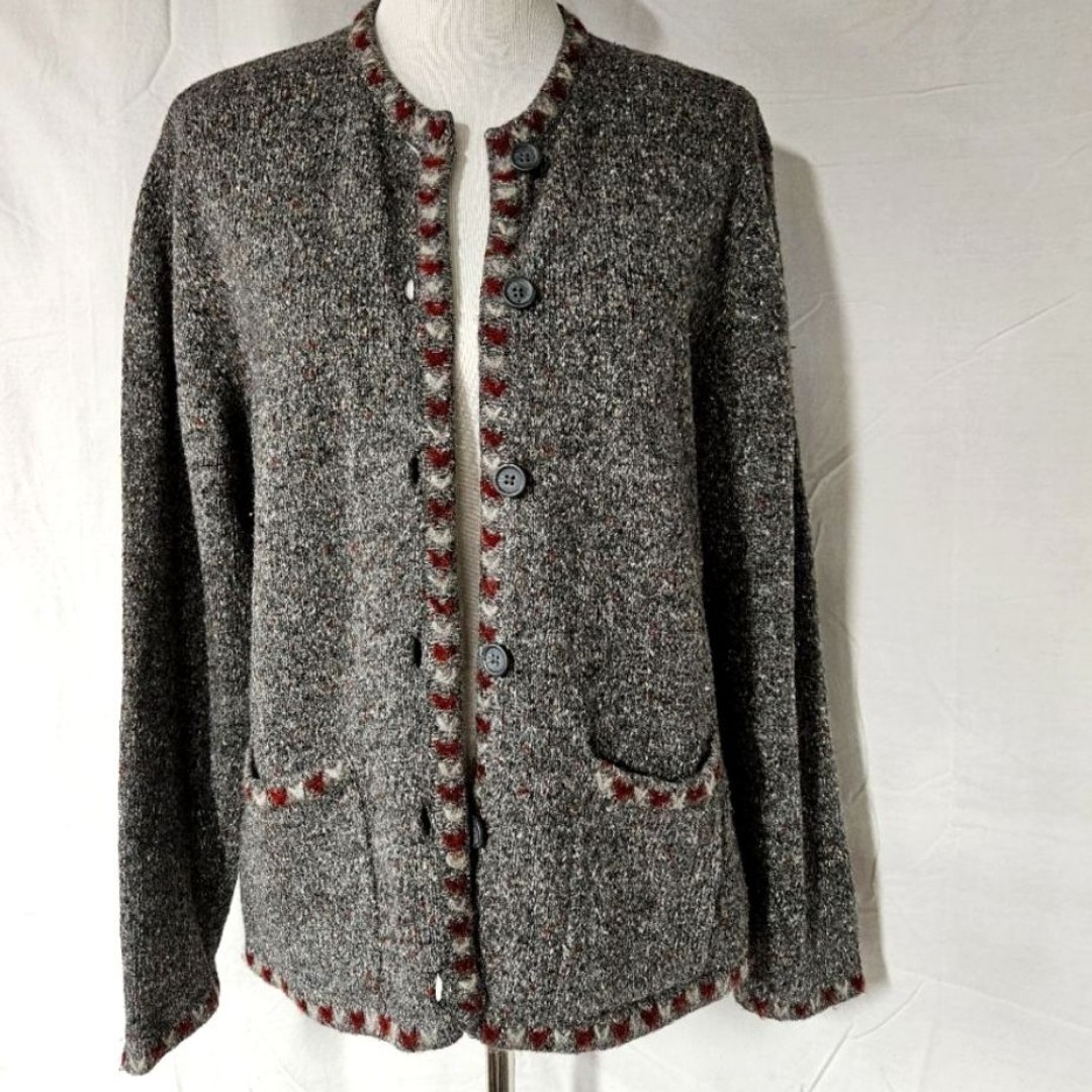 Vintage Woolrich Heather Gray Decorative Trim Wool Blend Button Front Sweater