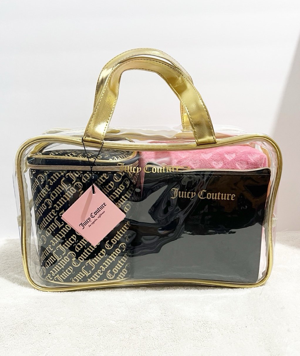 NWT! [Juicy Couture] Travel Bag Bundle, Clear Gold trim w/3 Nested Bags Inside
