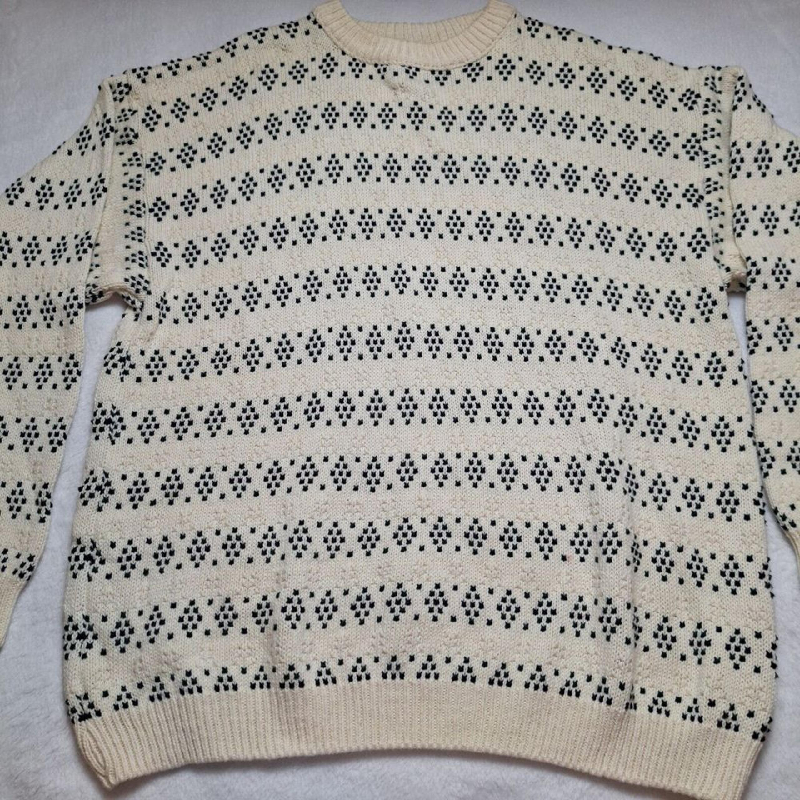 Vintage OLD GLORY Knit Crewneck Sweater Mens Sz XL Ivory Green Dot Fisherman L/S
