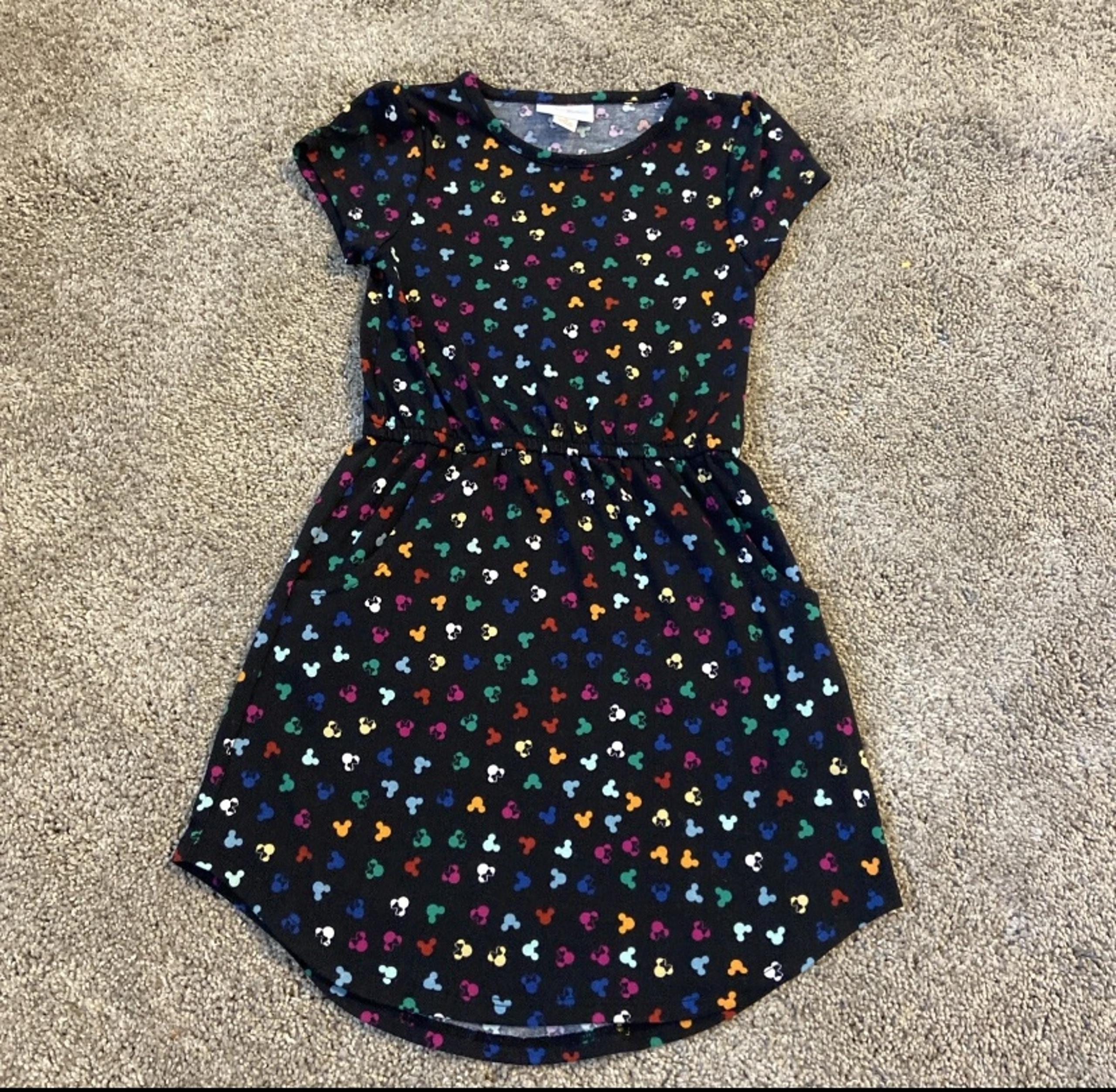 LuLaRoe Mae Girls Dress Pockets Size 4 Disney Mickey Minnie  Navy Multicolor
