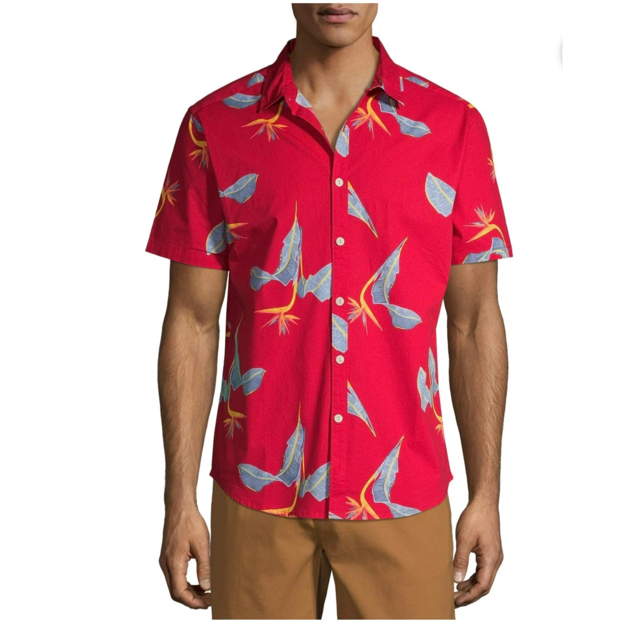No Boundaries Mens Red Floral Casual Button Up Shirt Hawaiian Summer Shirt Large