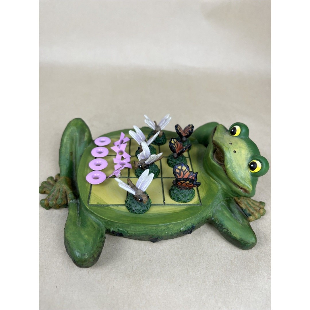 Rare VTG Hand Painted Tic Tac Toe Game Frog Pad w/Butterfly & Dragonfly Pieces
