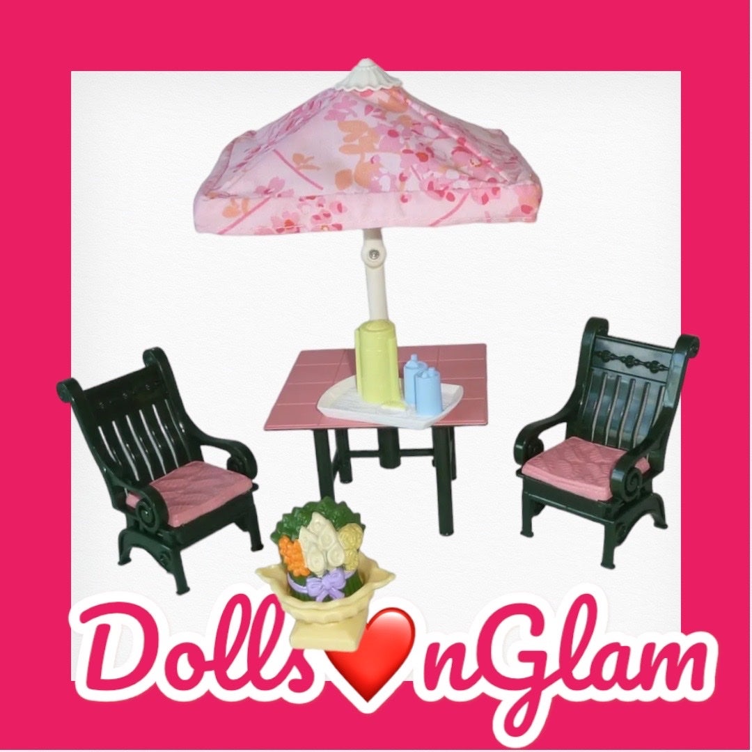 Fisher Price Loving Family Outdoor Patio Set Chairs Table Umbrella Flowers