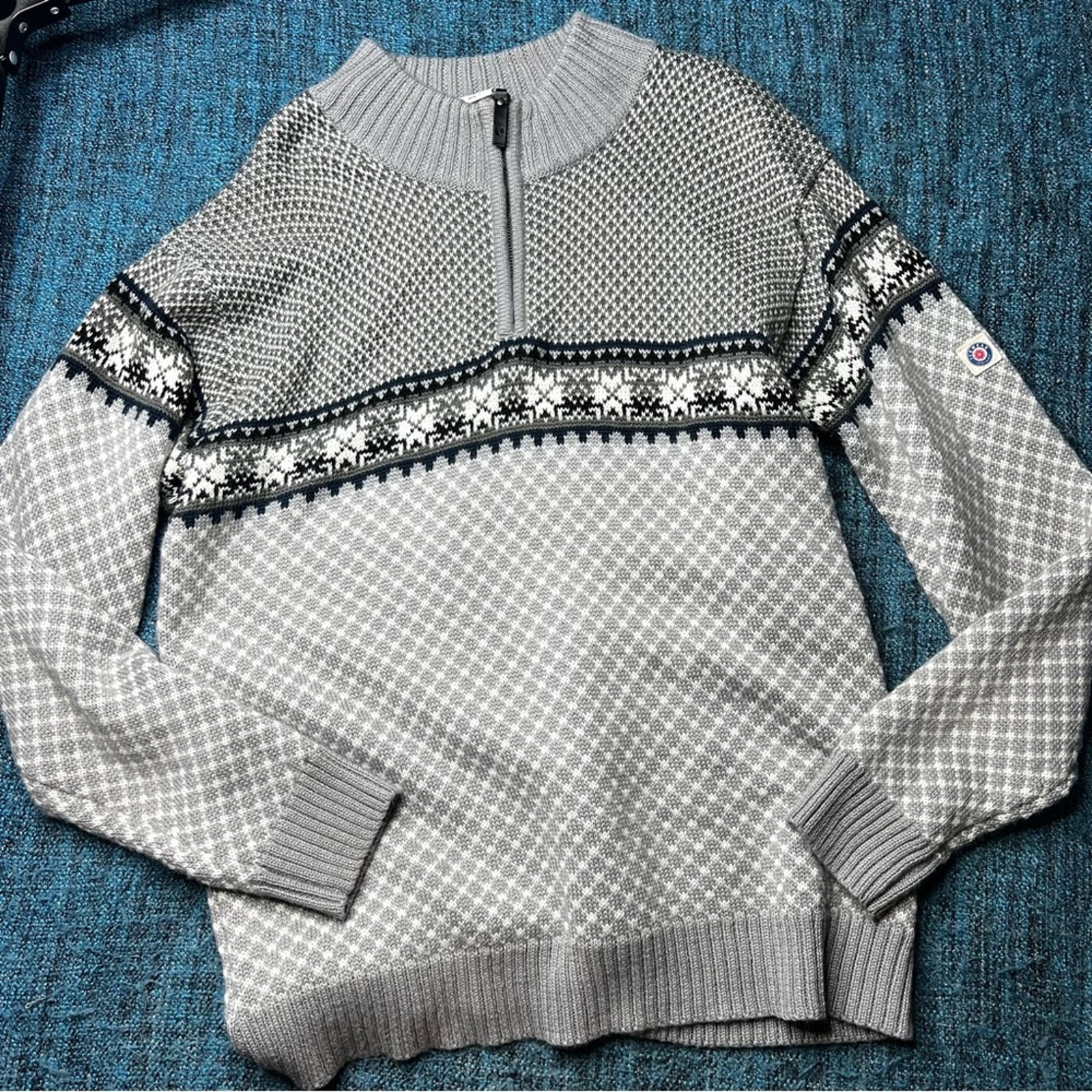 Icewear Iceland Fair Isle Wool Blend 1/4 Zip Pullover Sweater Black Grey White