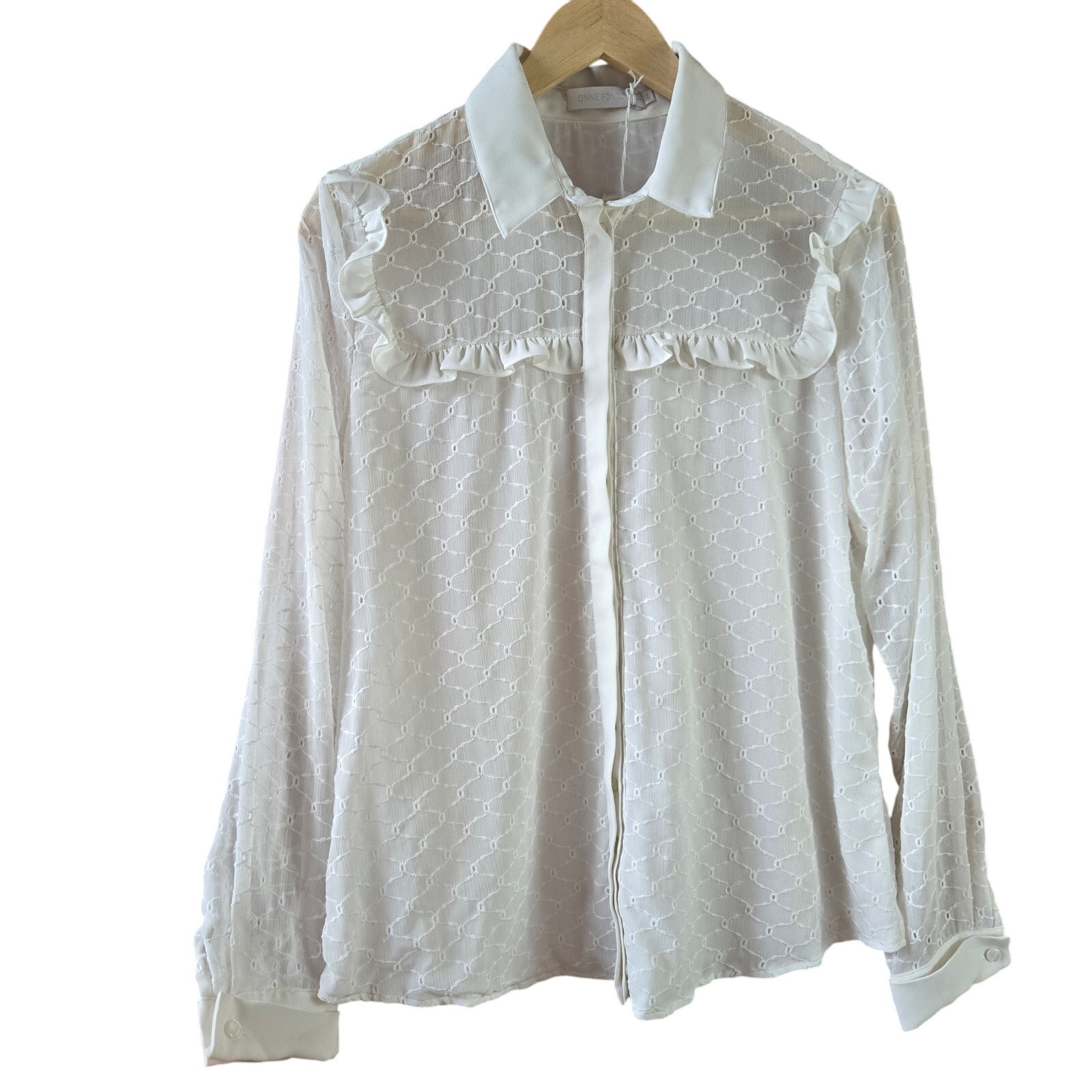 New Anne Fontaine Womens White Sheer Ruffle Button-Up Top L Cottage Boho Eyelet
