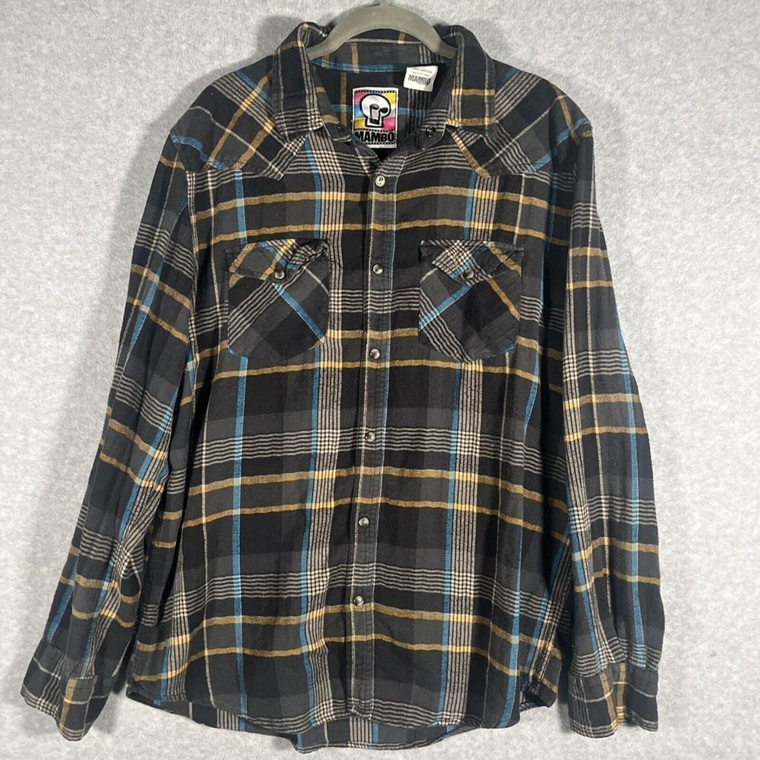Vintage Mambo Men's Long Sleeve Snap Flannel Shirt Large Gray Plaid Skull
