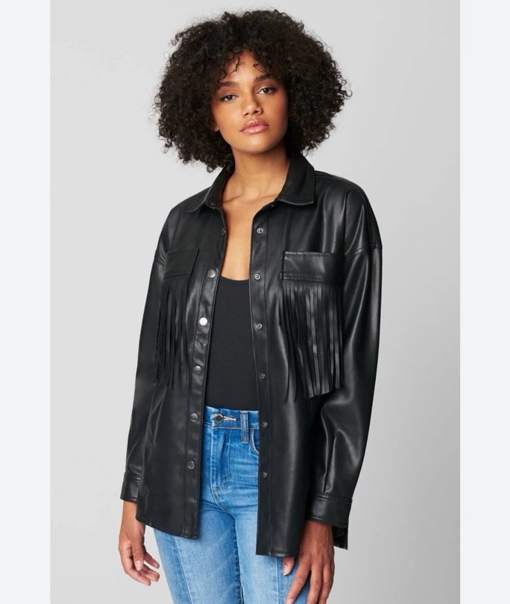Blank NYC Women’s Lonestar Oversized Vegan Leather Fringe Shirt Jacket S Black