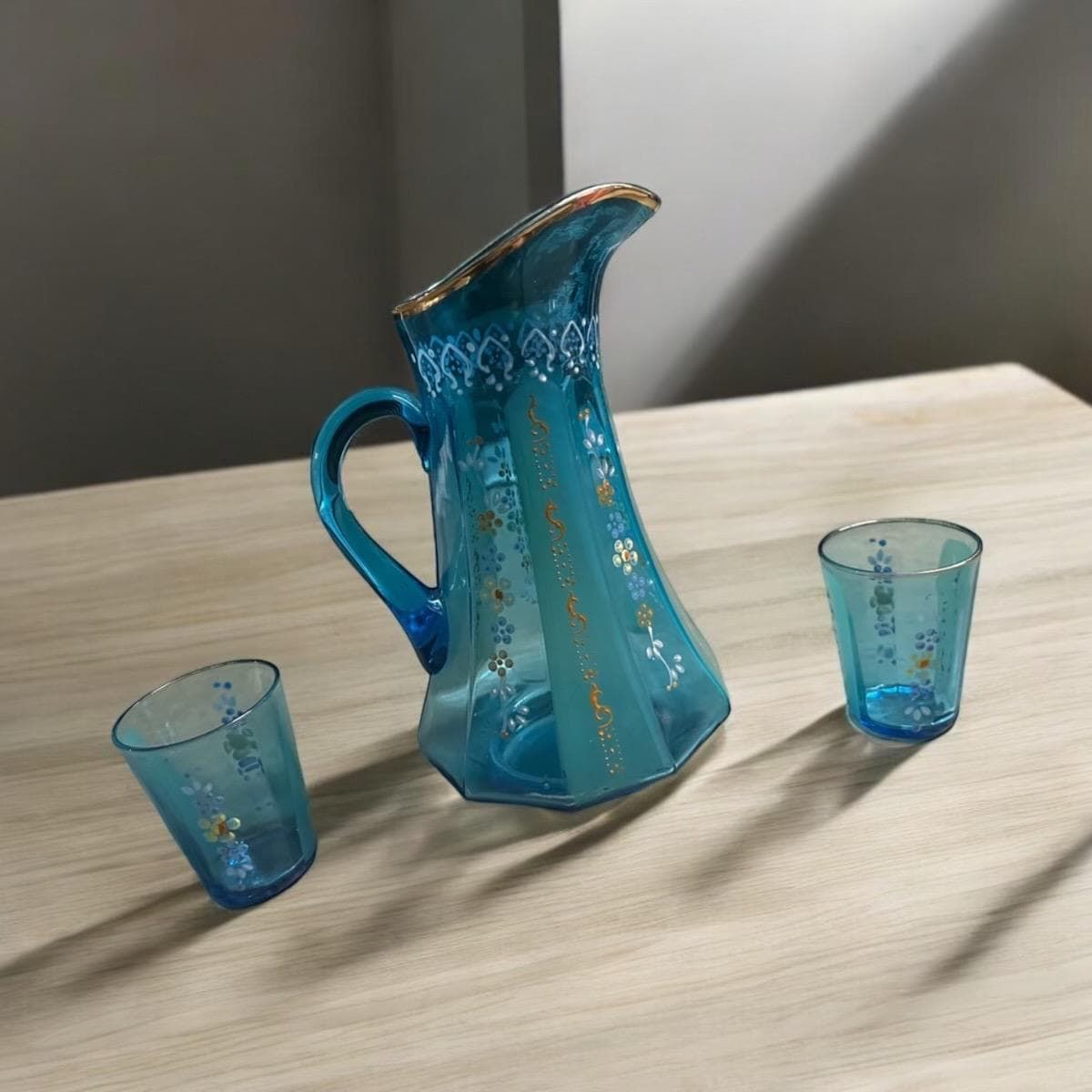 Antique Victorian Cobalt Blue Hand Painted Glass Pitcher With 2 Cups
