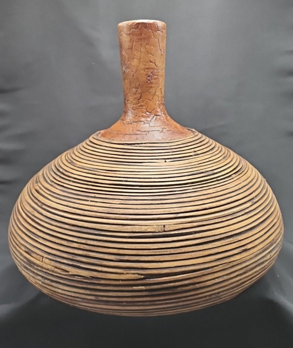 VTG 10 (T) CRESPI BOHO STYLE ART POTTERY HALF REED WOVEN BAMBOO BULB FLOOR VASE