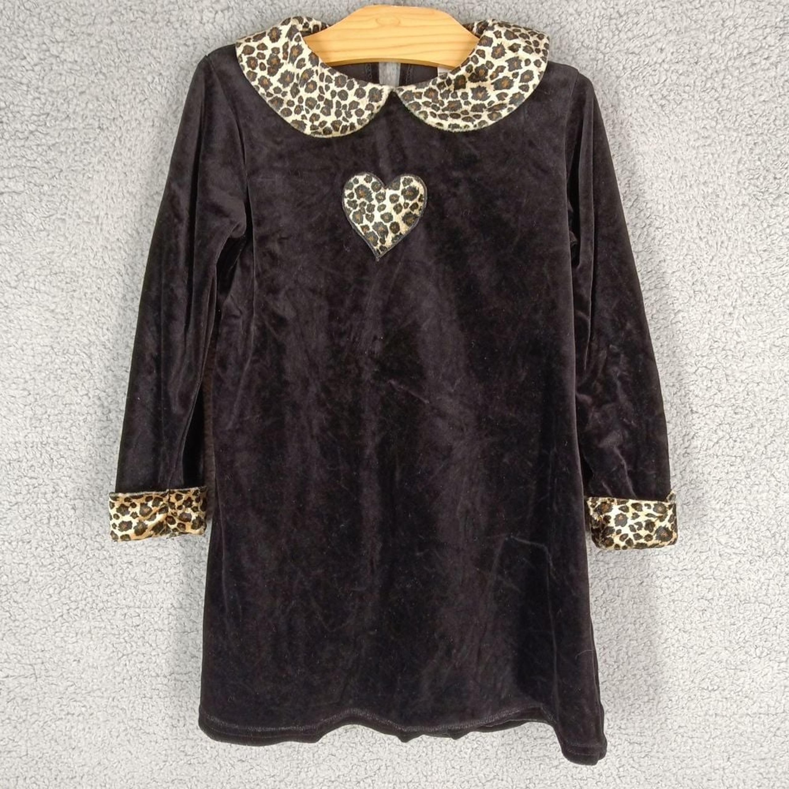 Vintage Rare Editions Girls Size 6 Black & Cheetah Velour Long Sleeve Dress