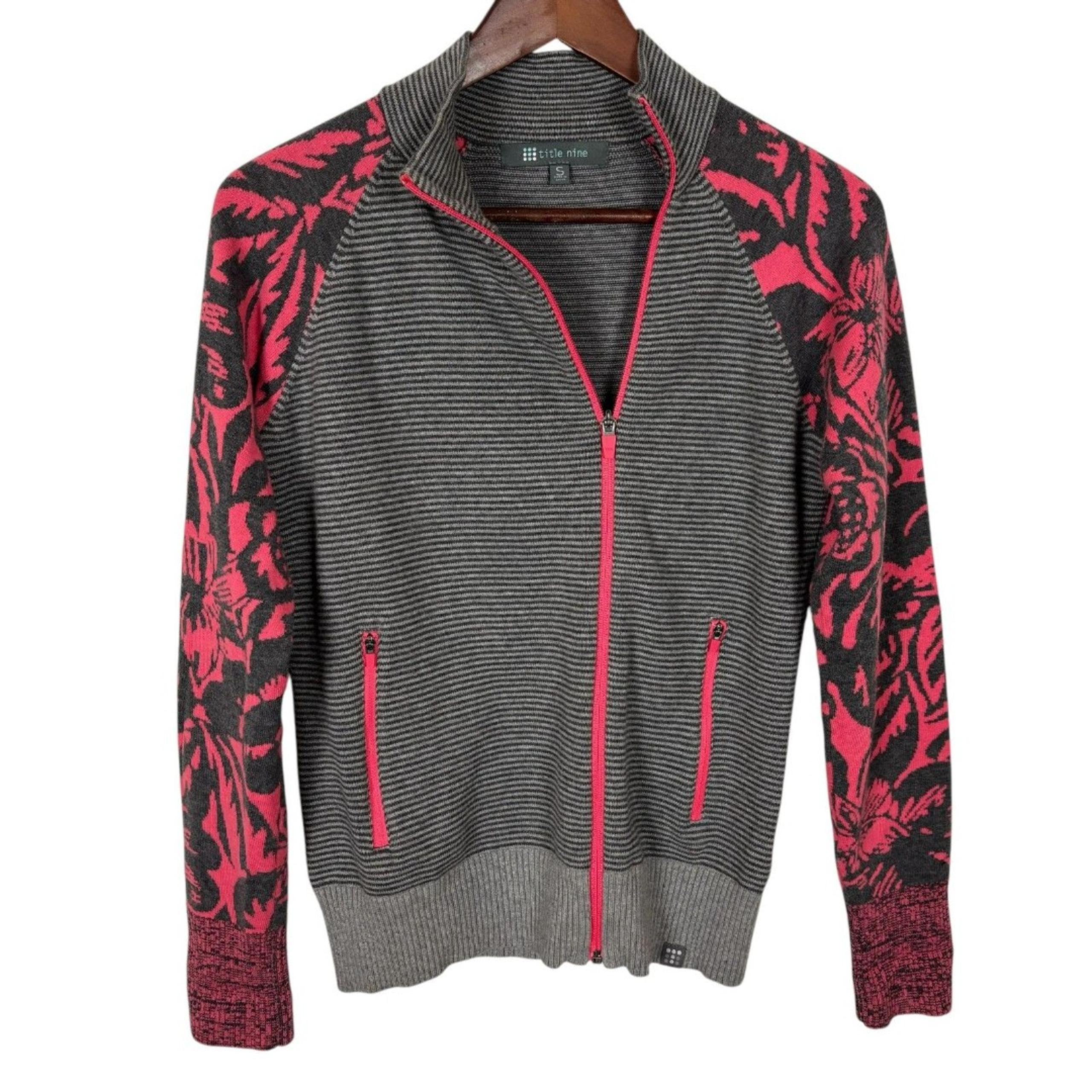 Title Nine Gray Pink Off-Center Full Zip Knit Sweater Womens Small Zipper Pocket