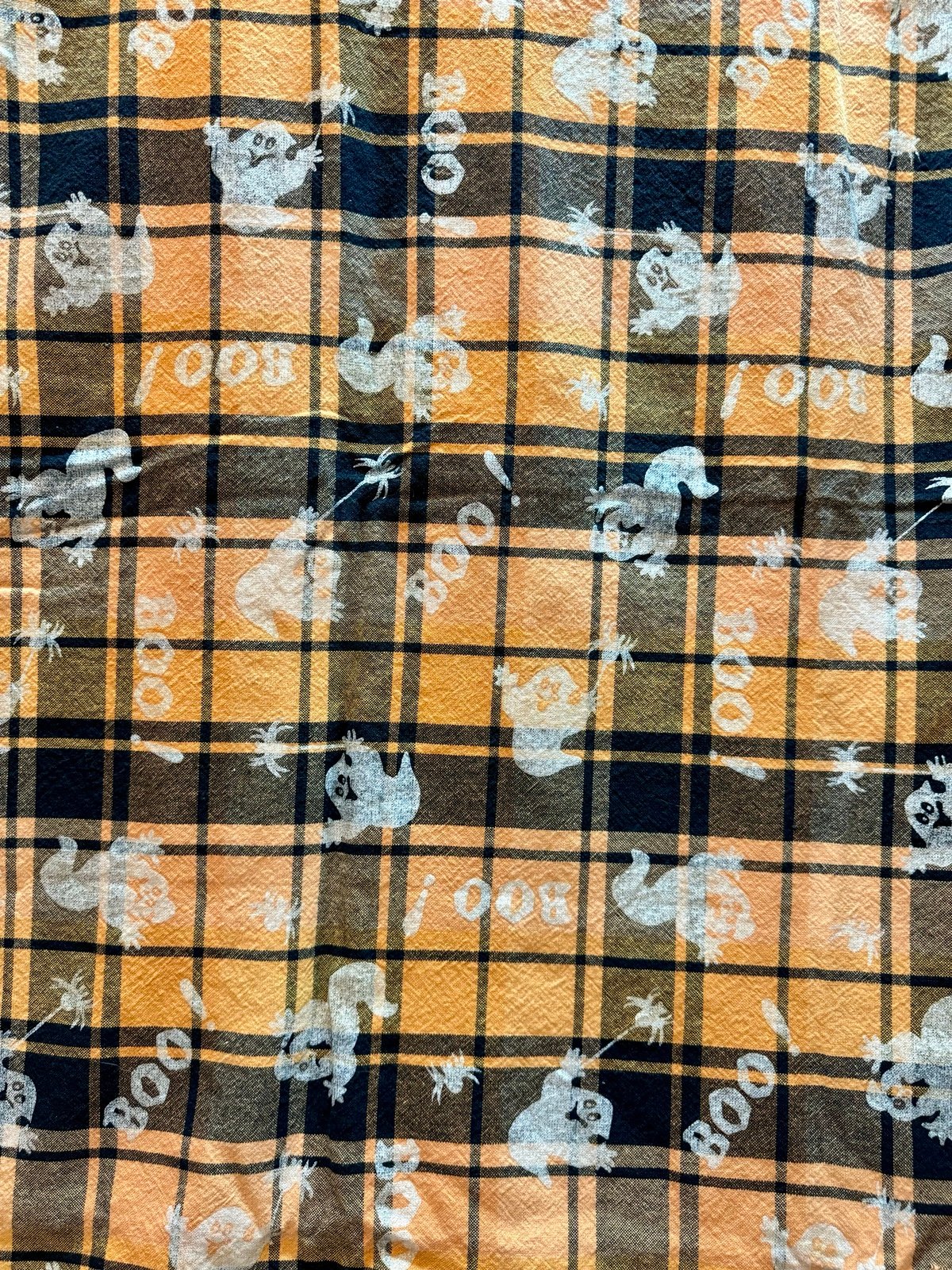 Vintage Halloween Tablecloth 76 x 57 Plaid Black Orange Ghosts Boo