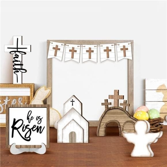 Ziliny 28 Pcs Easter Tiered Tray Decor He Is Risen Tiered Tray Decorations Set Wooden Decorative Trays Farmhouse Rustic Tiered Tray For Home Farmhouse Kitchen Decorations