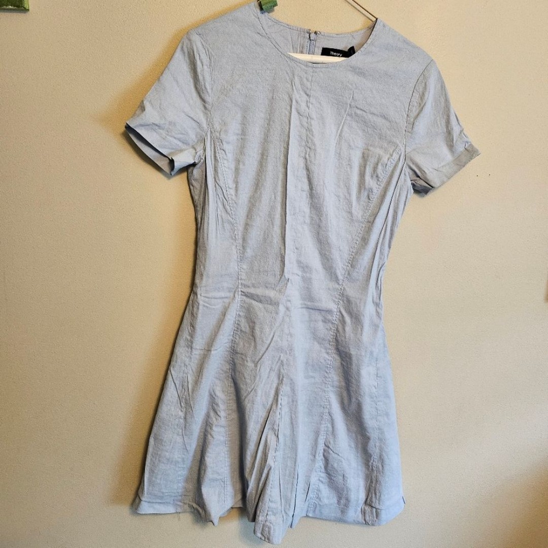 Theory Modern Seamed Shift Organic Crunch Wash Linen A Line Dress Blue Size 6