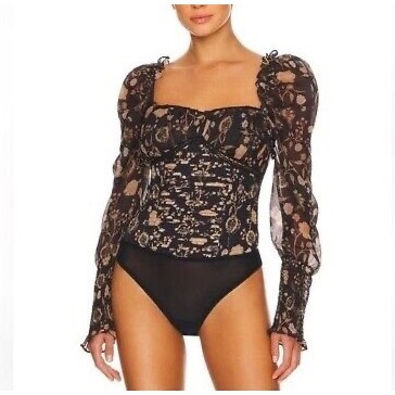 INTIMATELY FREE PEOPLE Brunch Date Bodysuit Sz S Black Brown Floral One Piece