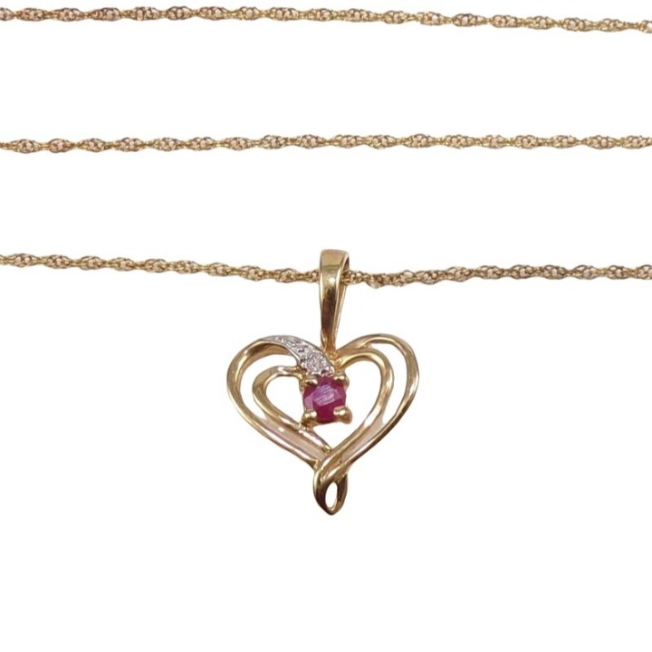Solid 10K Yellow Gold Red Ruby Natural Diamond Accent Heart Pendant Necklace