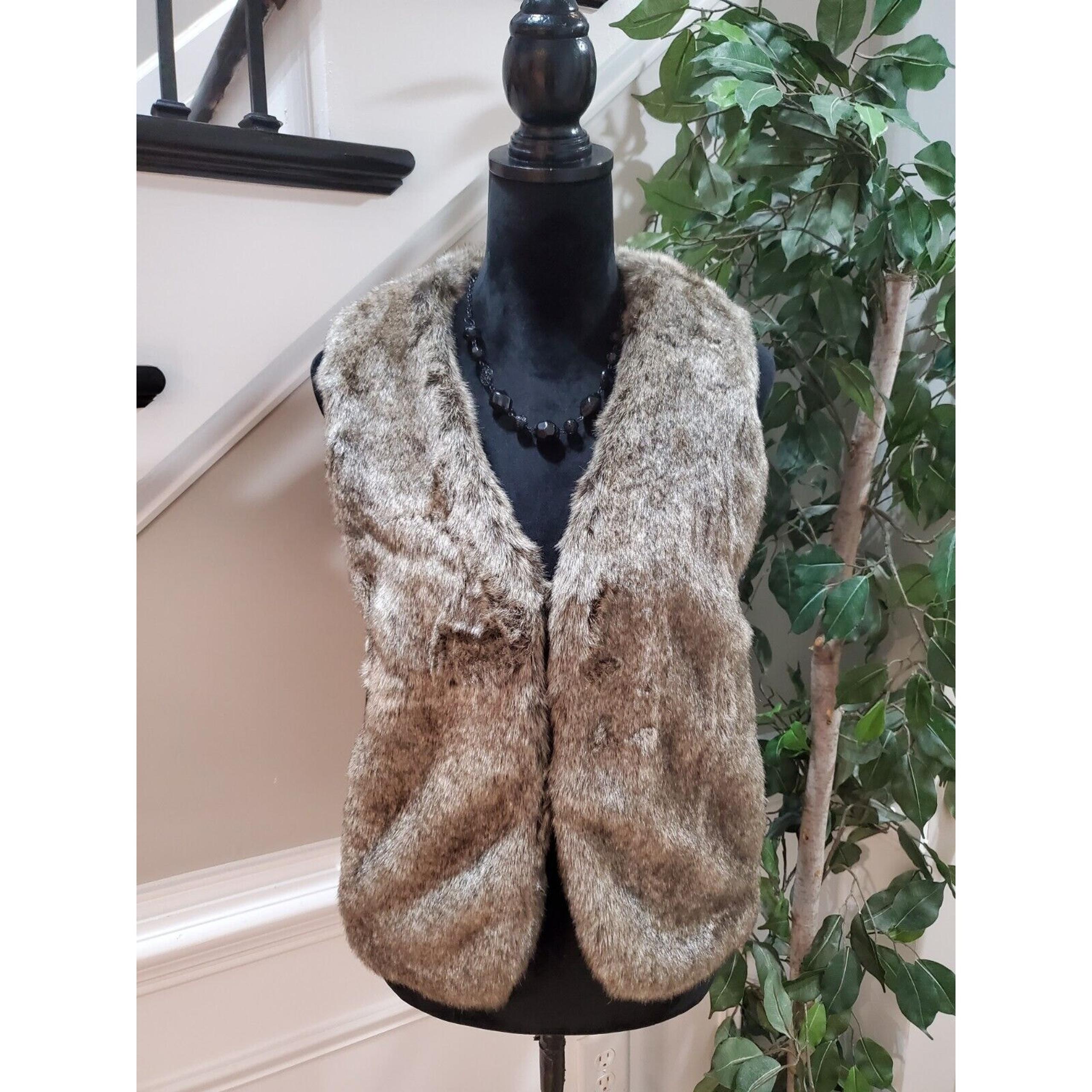 Jeans Womens Brown Acrylic Fake Fur Casual Sleeveless Lined Vest Size Large - DKNY