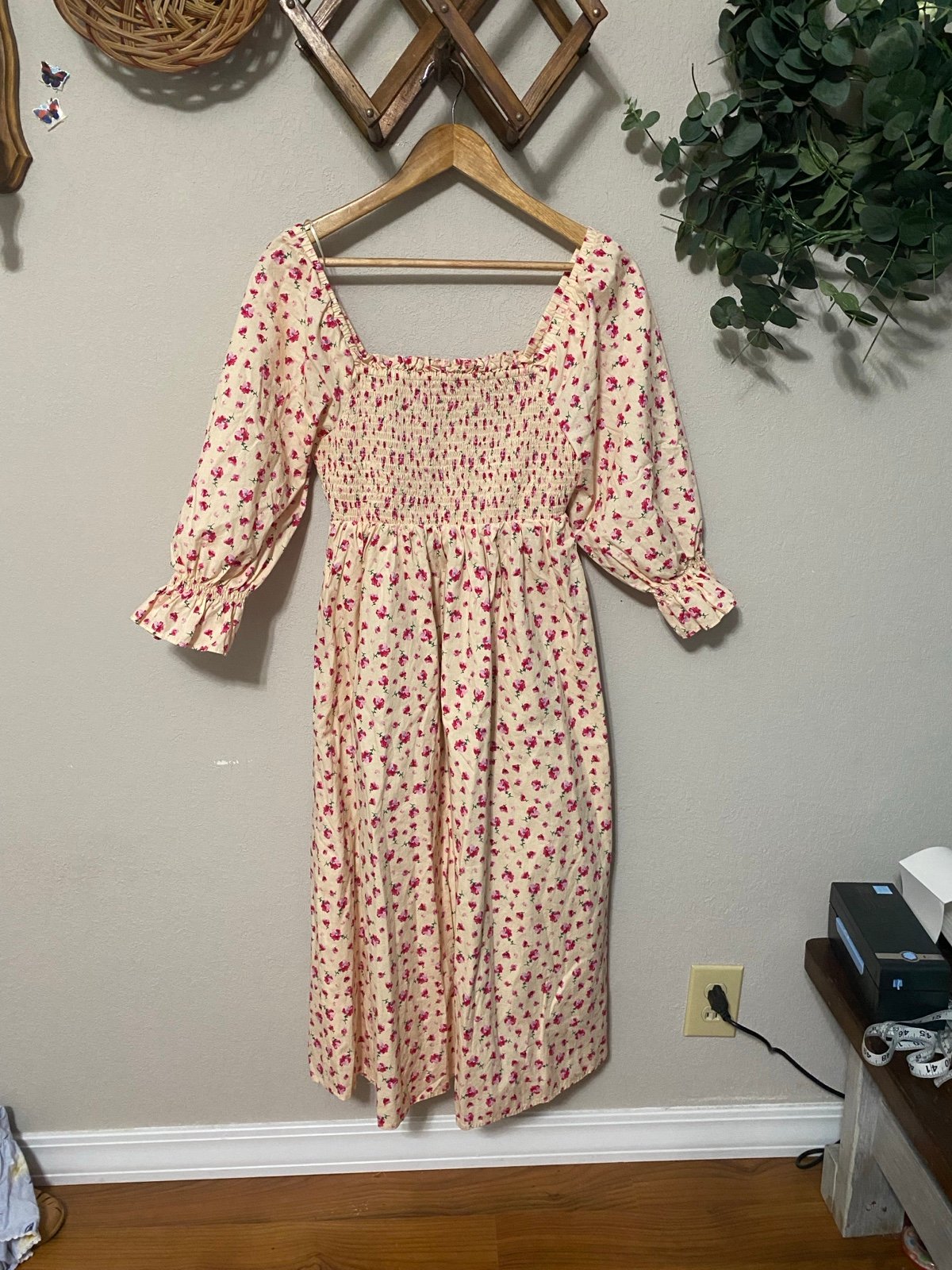 HYACINTH HOUSE pink ditzy floral square neck smocked midi length dress cotton XS