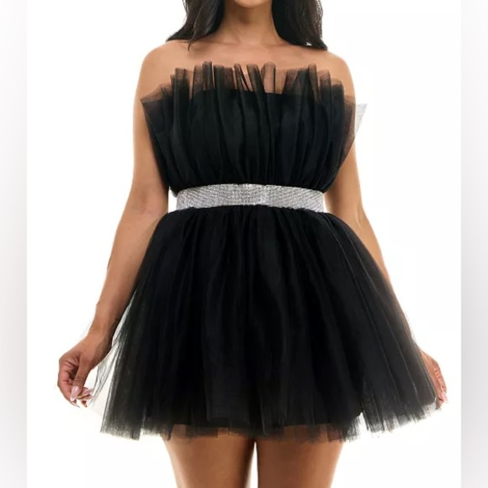 B DARLIN Juniors' Strapless Embellished-Waist Tulle Dress Black Sz 7/8