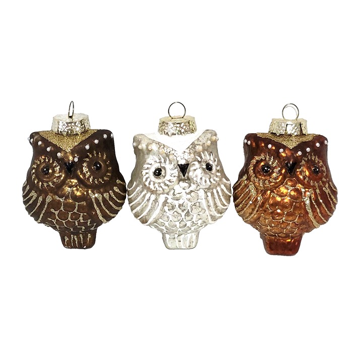 Owl Christmas Tree Ornaments Set of 3 Mercury Glass Brown White Bronze Glitter