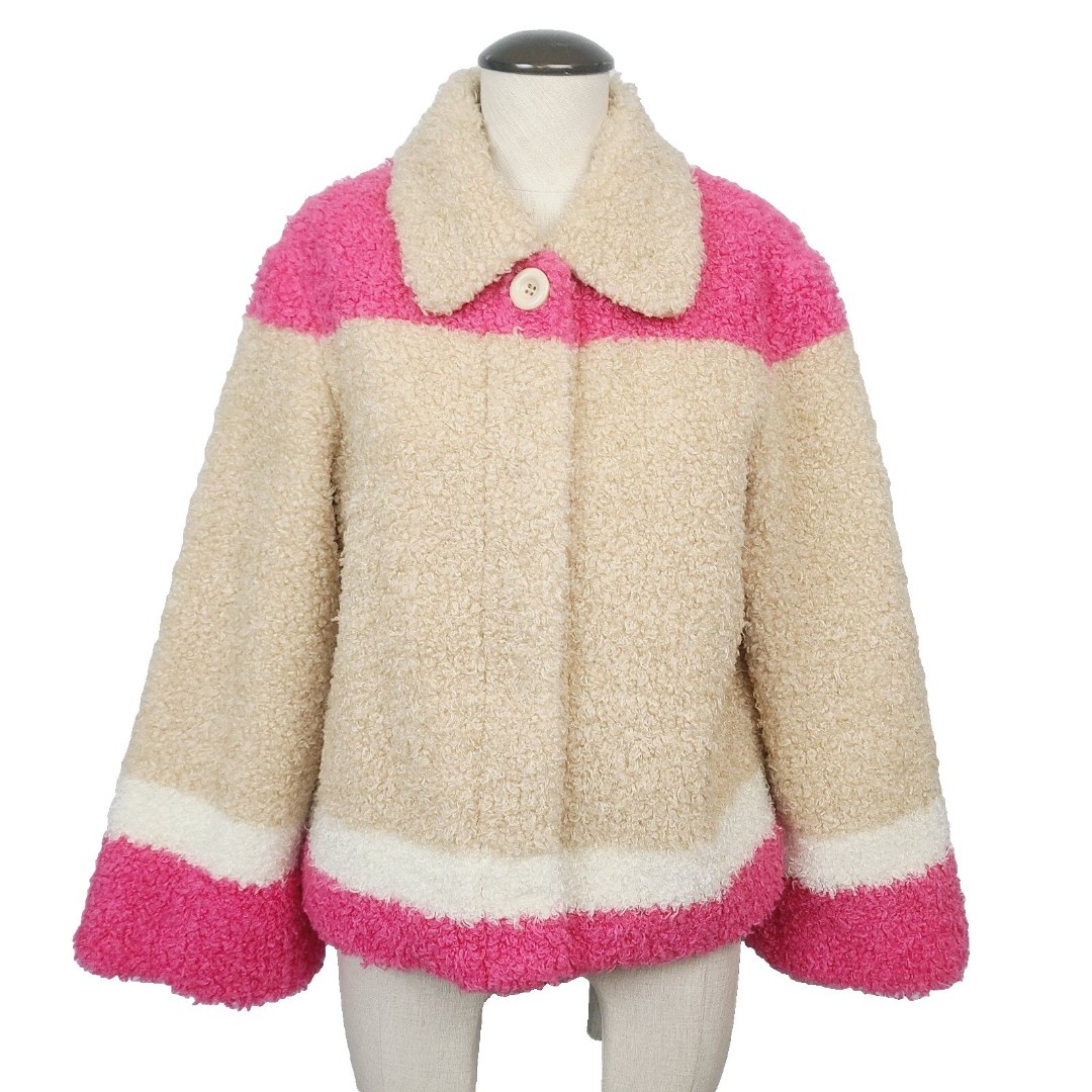 Anthropologie Teddy Coat XS Beige Pink Colorblock Snap Front Faux Fur Jacket