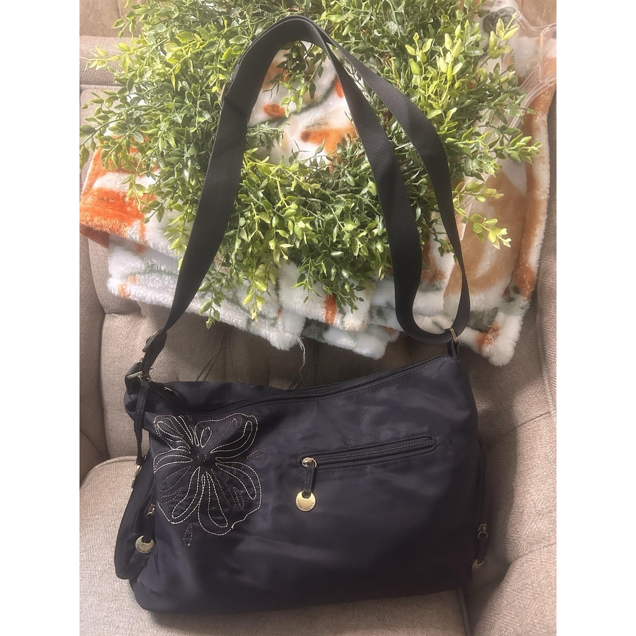 EUC Travelon Black Nylon Lightweight Multi Pocket Medium Floral Crossbody