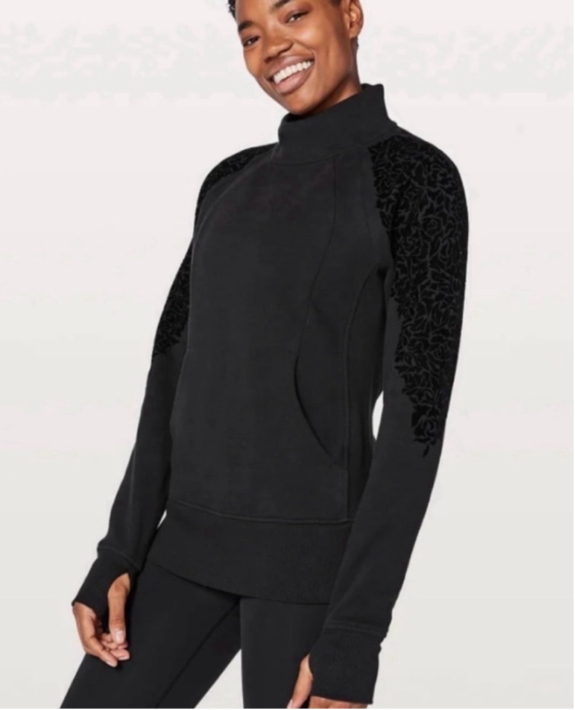 Lululemon Womens Floral Flock Scuba Long Sleeve Half Zip Black Pullover  Size 4