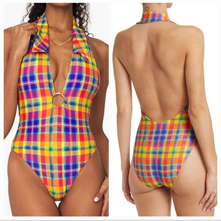 Weworewhat Women's Collar Racerback One Piece Swimsuit Plaid Retro Multicolor XS