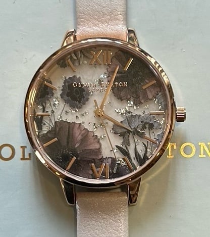 Olivia Burton Watch With Pink Quartz Stone Face With Florals & Glitter