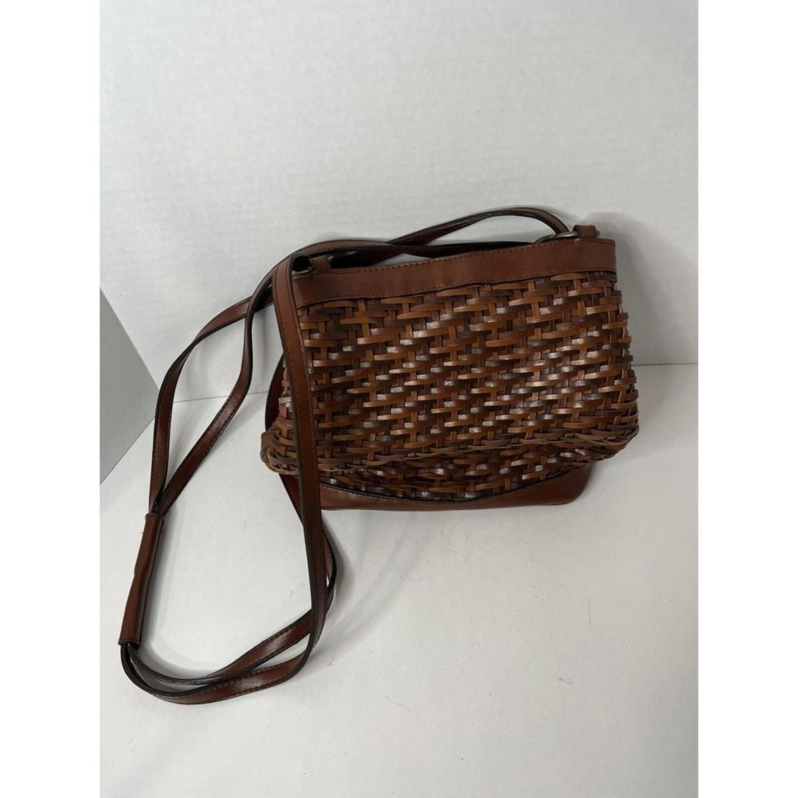 Marlo Basket Woven Leather Crossbody Handbag Sharif Brown Button Closure Vintage