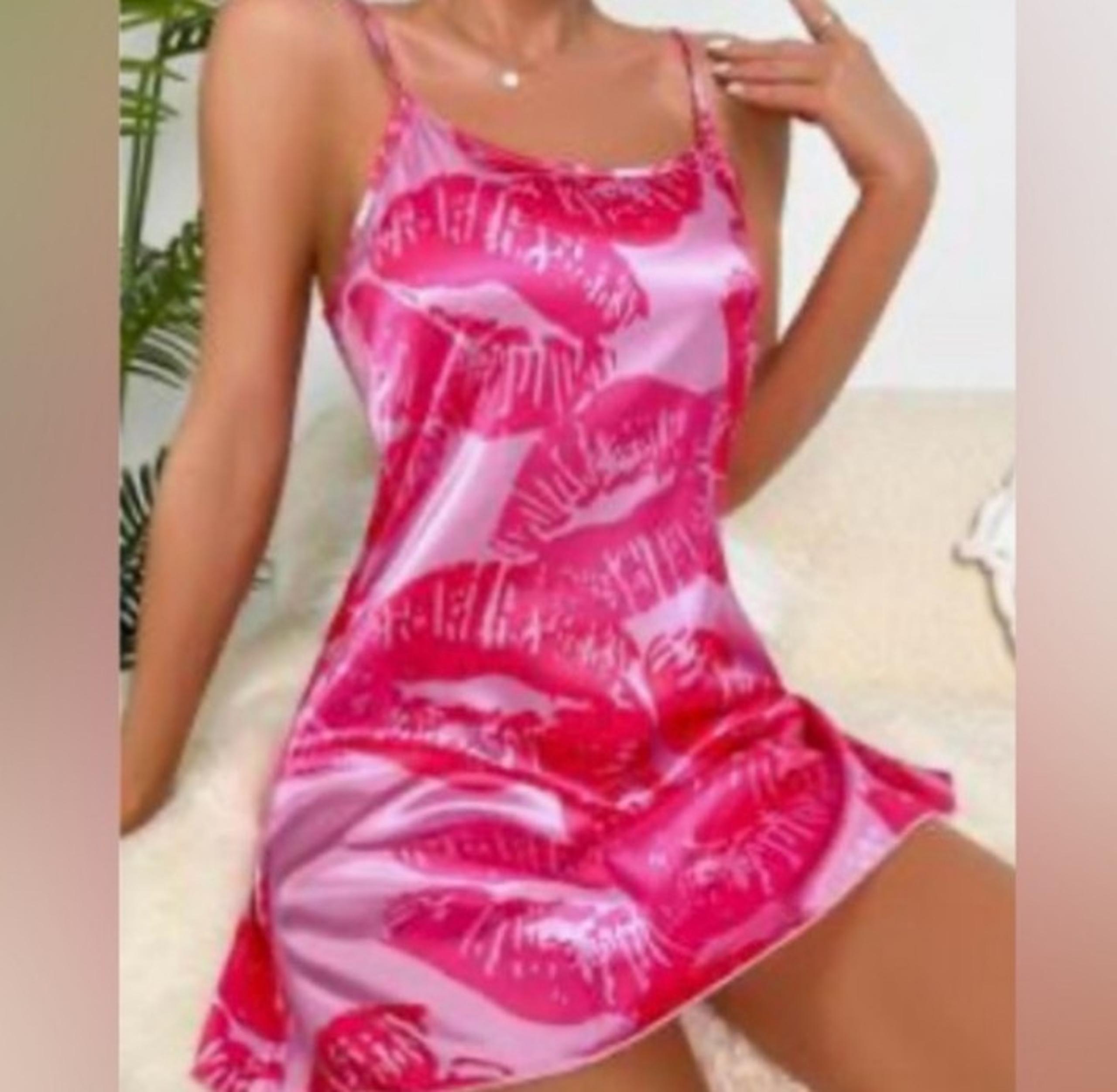 Pink Kiss Lip Prints Lingerie Satin Mini Slip Dress Nightgown PJ's Lounge Wear