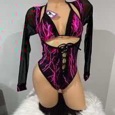 M- bodysuit hot pink lightning w black mesh