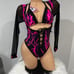 M- bodysuit hot pink lightning w black mesh