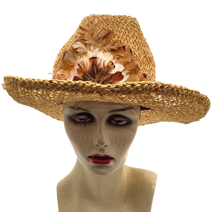 VINTAGE Handmade Straw Cowboy Hat Feather Band Summer Sun Panama Raffia Cowgirl