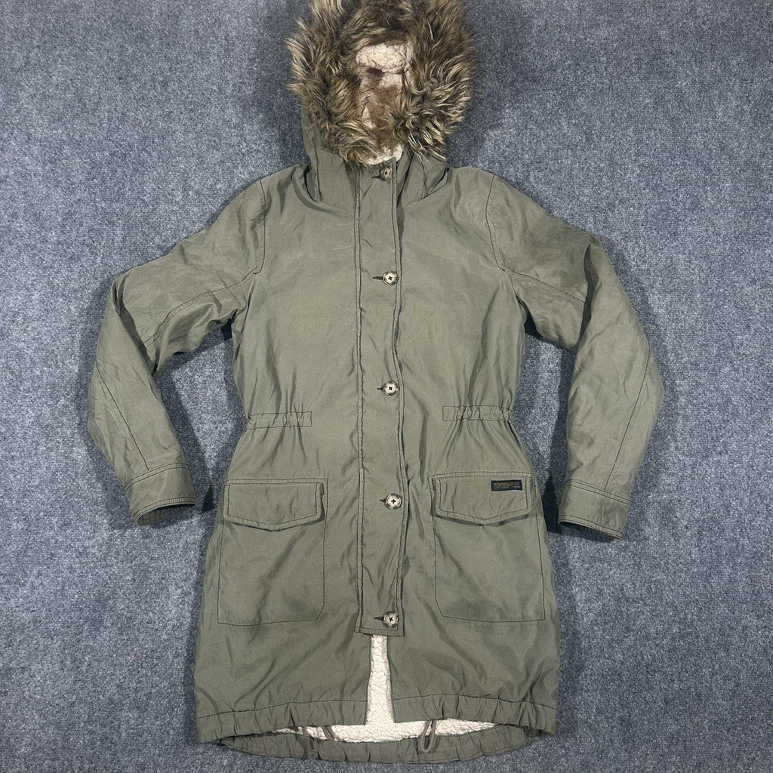 Abercrombie & Fitch Womens SMALL Sherpa Lined Parka Jacket Long Zip Fur Hood