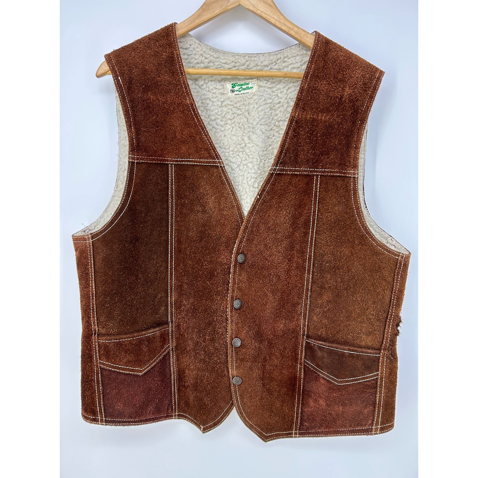 Vintage Genuine Suede Leather Sherpa Lined Button Front Ranch Chore Vest Size L