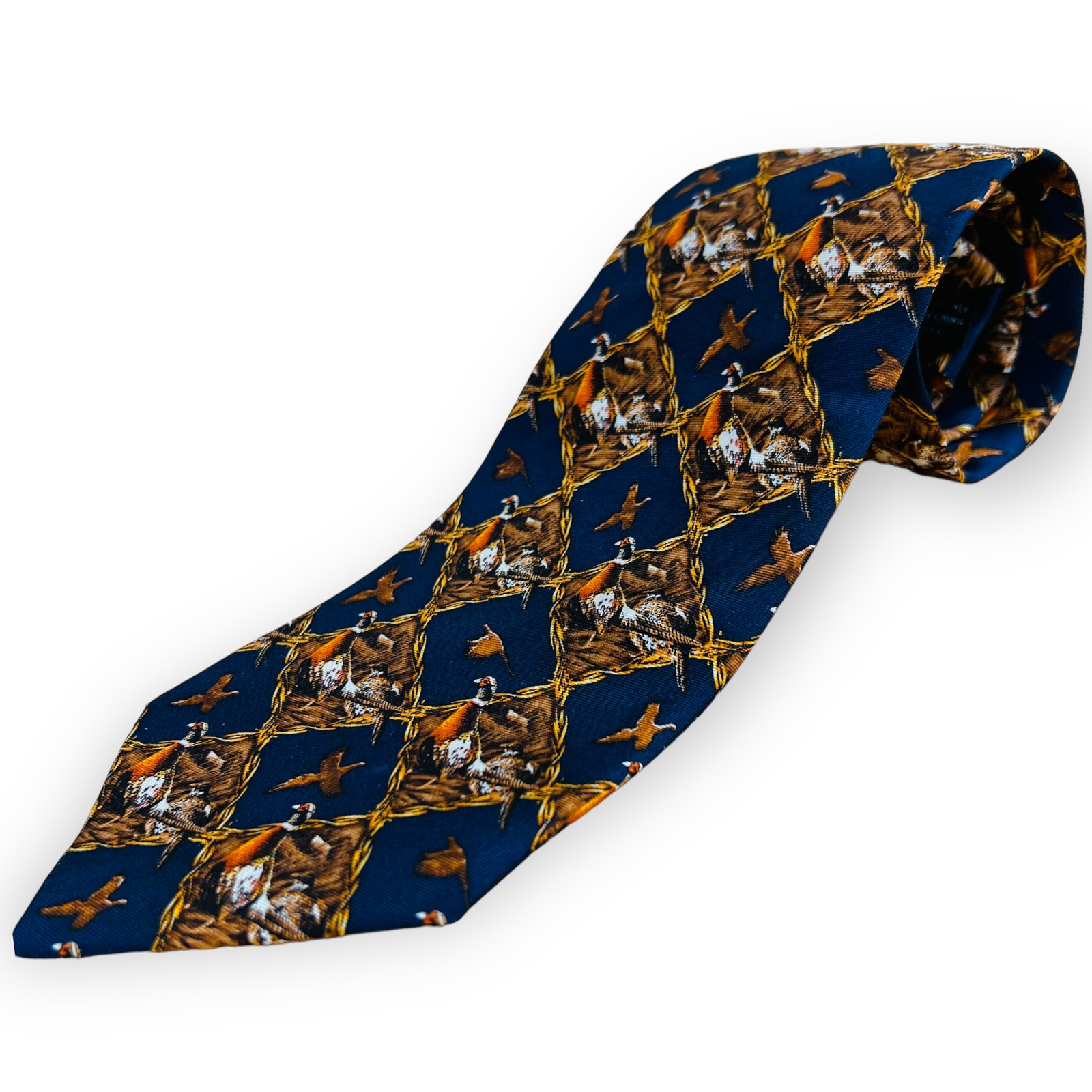 Diamond Pheasant Mens Neck Tie Pure Silk Navy Brown Classic John Q. Wright Art