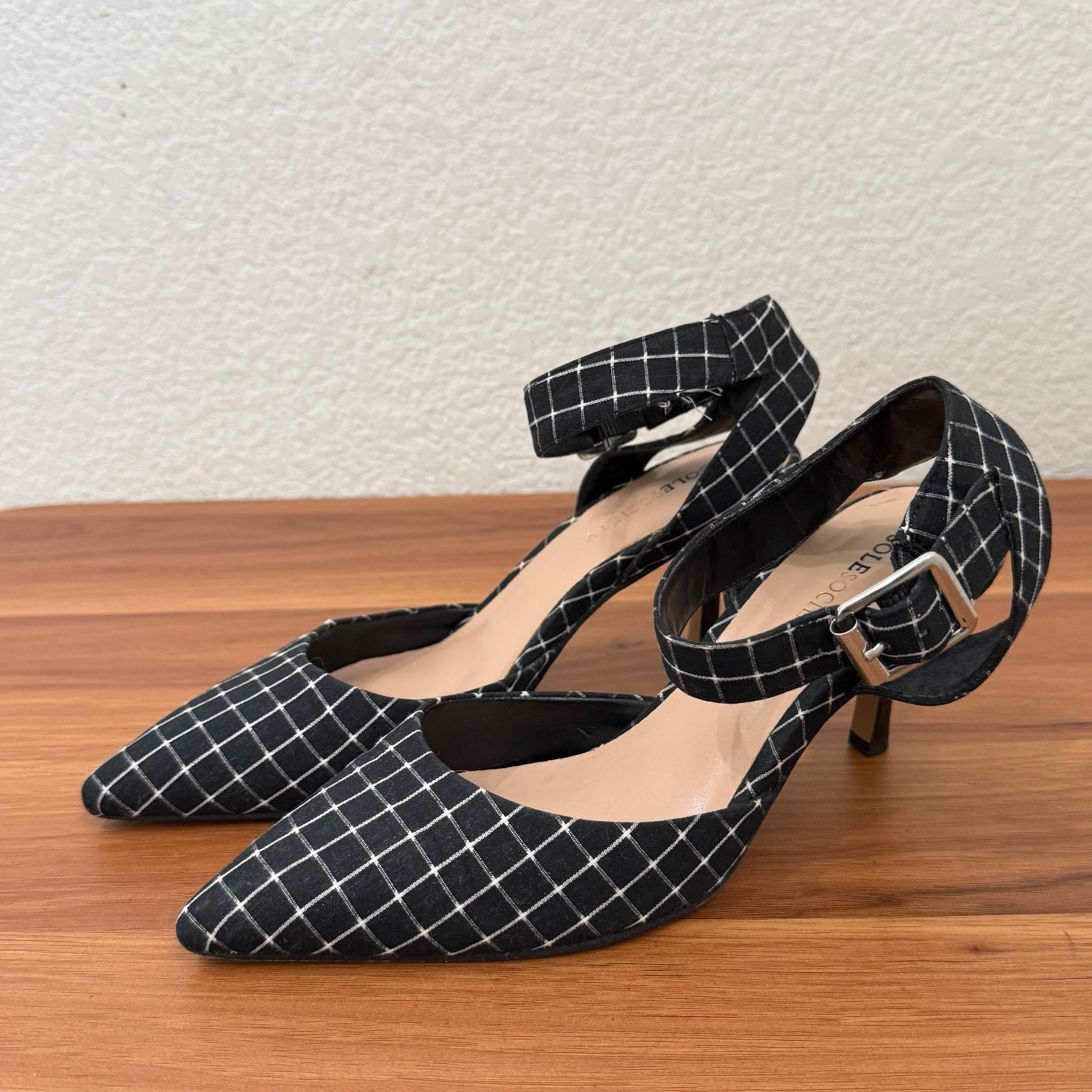 SOLE SOCIETY Olyvia Midnight Blue Grid Pointed Toe Ankle Strap Kitten Pumps Sz 6