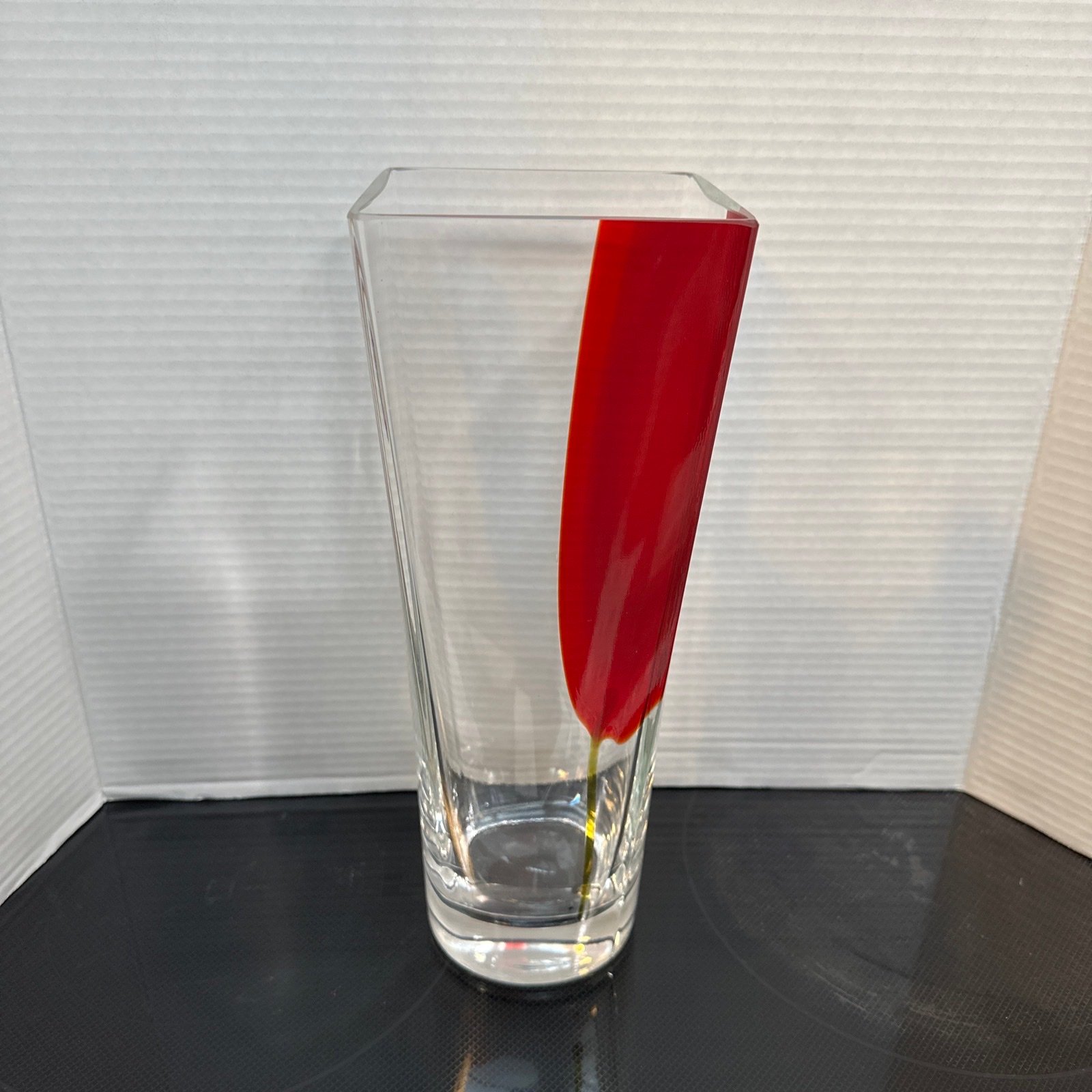 Red Flower Clear Art Glass Square Vase 12.5”