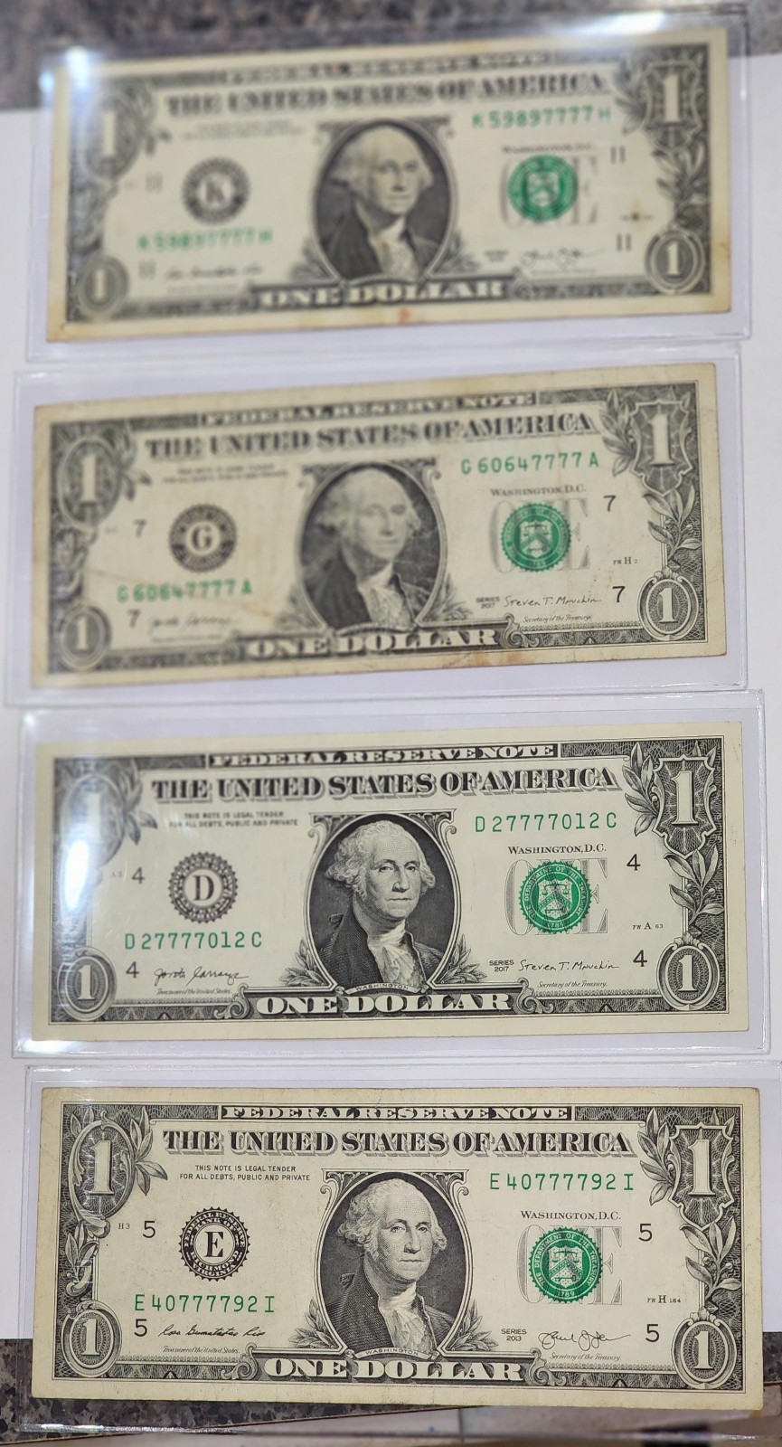 4 Circulated 1 Dollar Bills from the 2013-2017 Series with LUCKY 7 quad digit