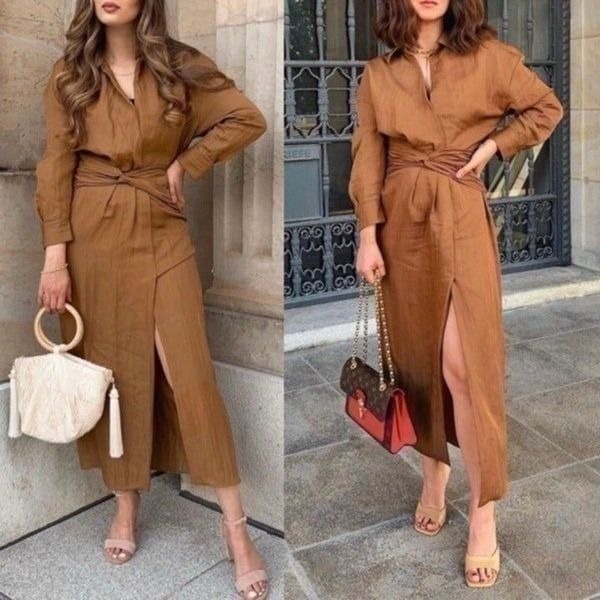 NWOT ZARA Brown Caramel Draped Shirt Maxi Dress
