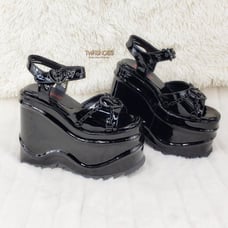 Size 12 Demonia Wave Goth Platform 6 Wedge Sandals Shoes Patent Heart Chain