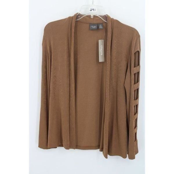 Chico's Travelers Jacket Cardigan Womens Size 0 (4) Brown Lattice Sleeve Open