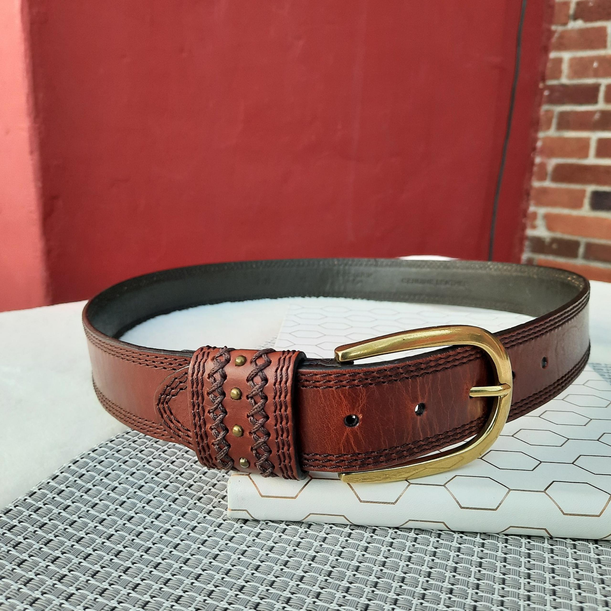 Braided and Stitched Studded Oversized Buckle Leather Belt XL Brown - Dockers