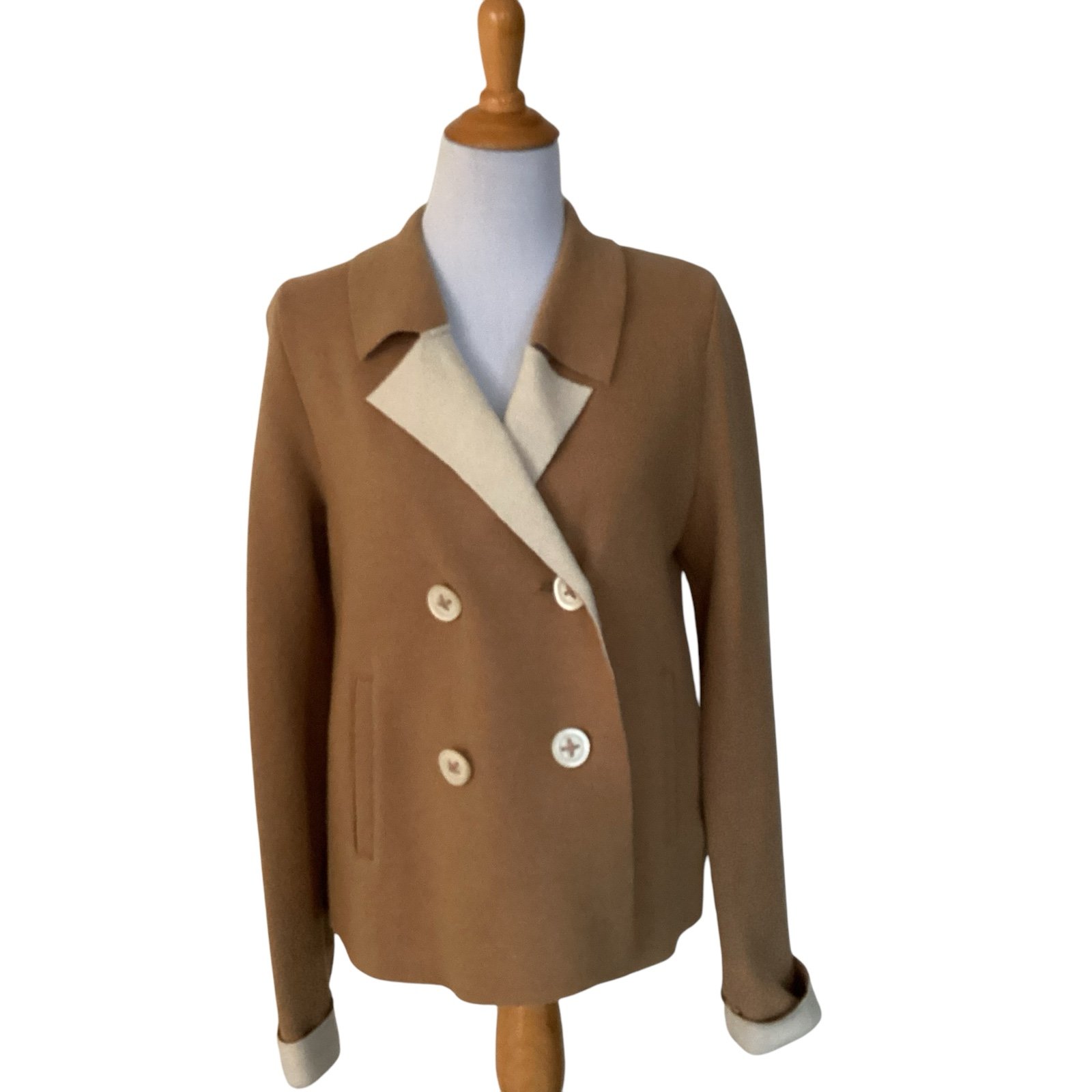 Anthropologie HWR Felt Wool Tan Double-Breasted Pea Coat Misses size M