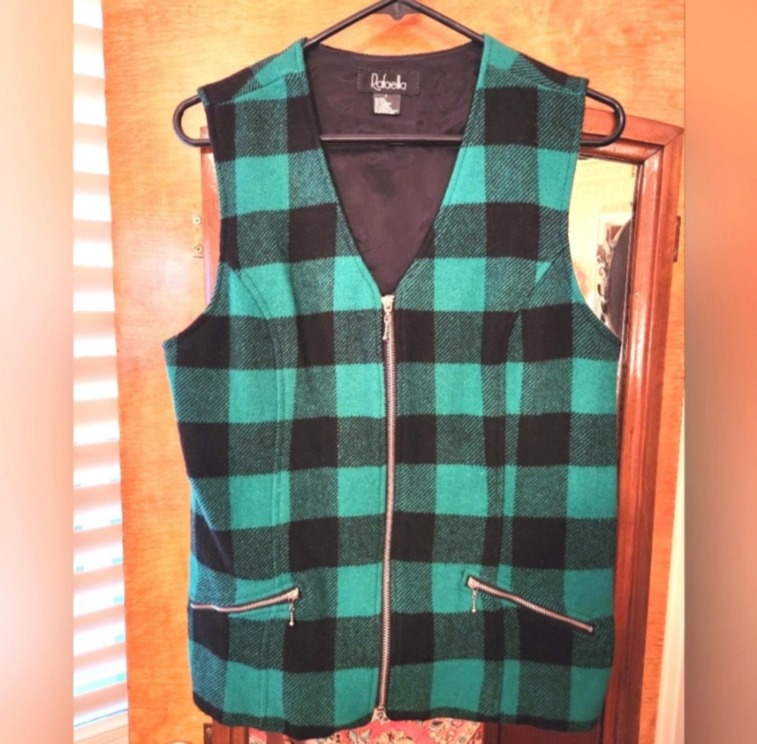 Rafaella Green Buffalo Plaid Zip Up Lined Wool Blend Vest SMALL