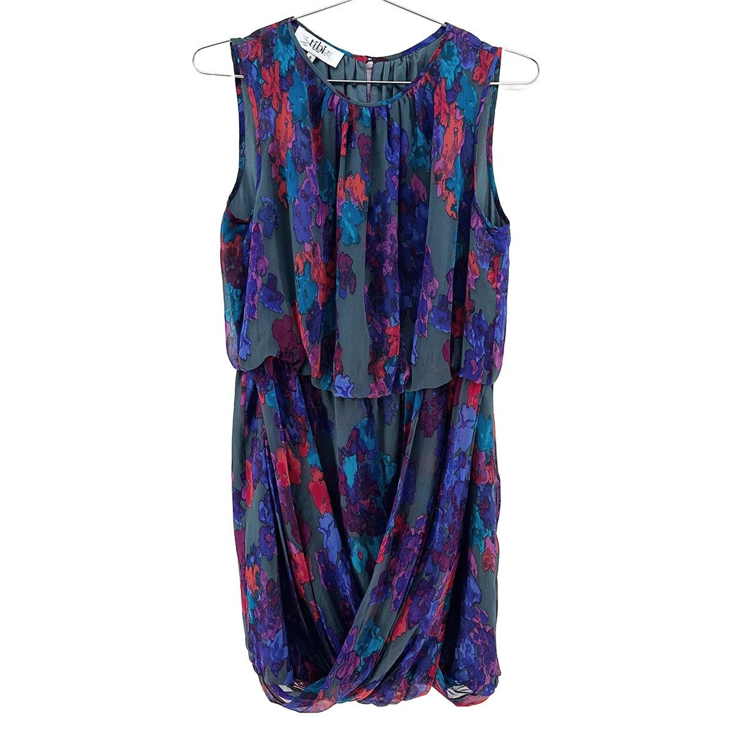 TIBI Silk Sleeveless Tank Short Blouson Dress • 8 • green, multicolor floral
