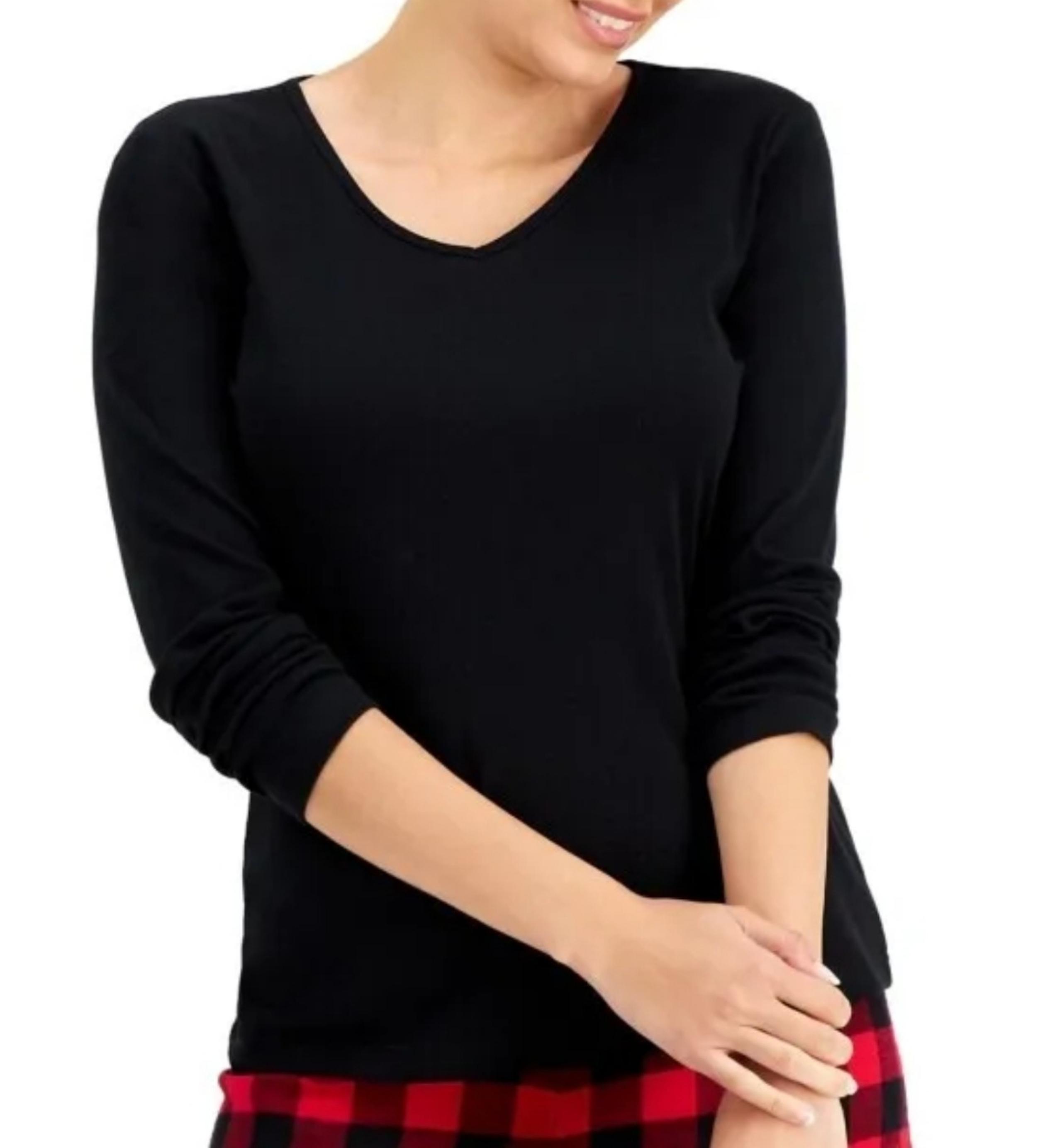 Charter Club Women's V-Neck T-Shirt Long Sleeve XL Pajama Top Black