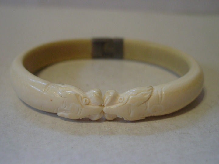 Antique Sterling Carved Dragons Hinged Bracelet